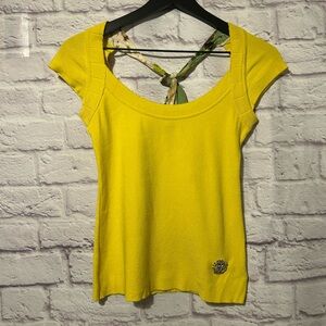 Roberto Cavalli Yellow stretchy knit cap sleeve silk scarf tie top Size 44